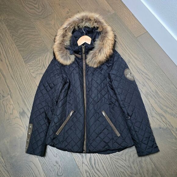 M. Miller Kristene Quilted Ulatrasuede Winter Jacket in Black Raccoon Fur Trim - Picture 11 of 16